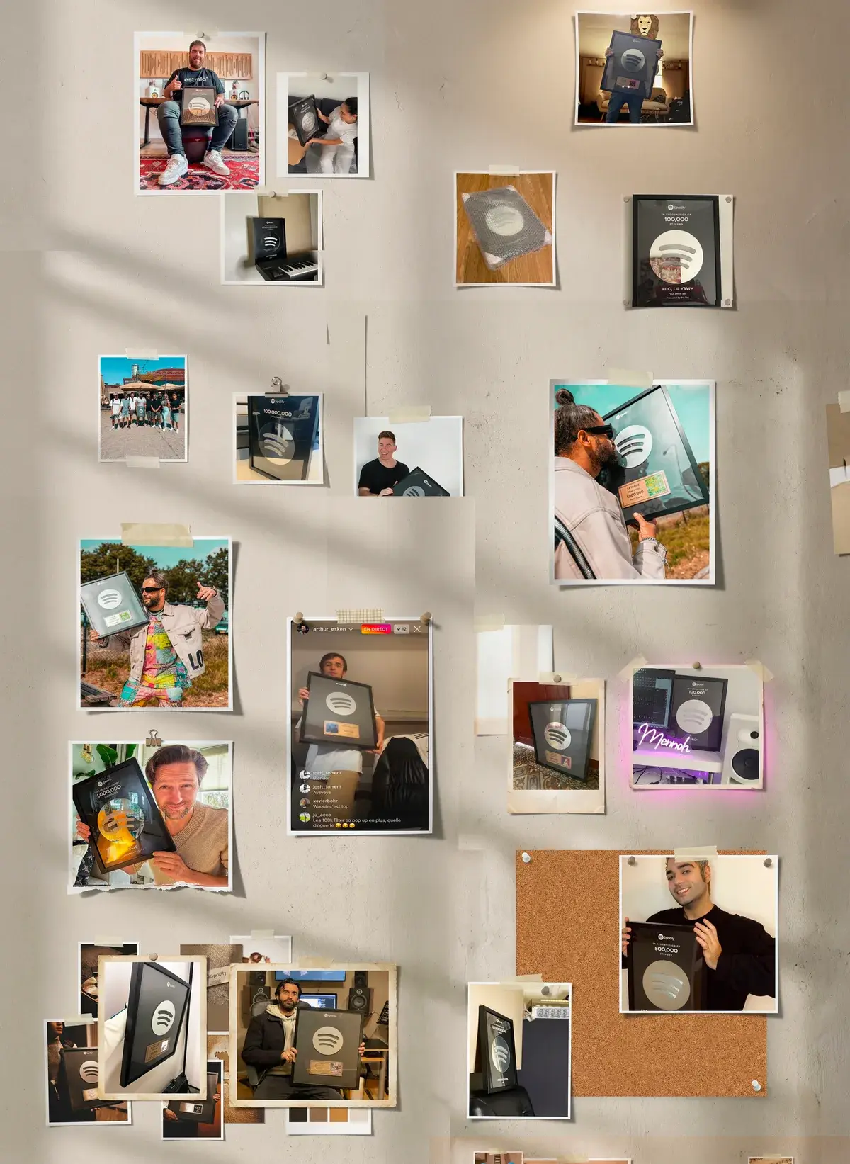 Wall display of custom Awards For Creators frames featuring Spotify and SoundCloud plaques